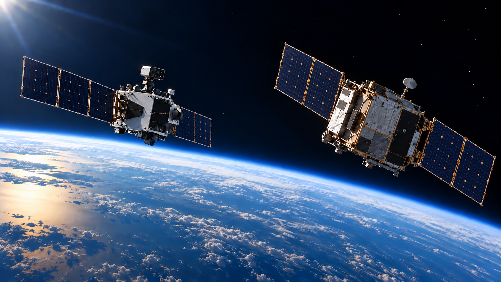 Illustrative stand-off inspection: a conceptual servicer observes an inactive satellite above Earth without contact